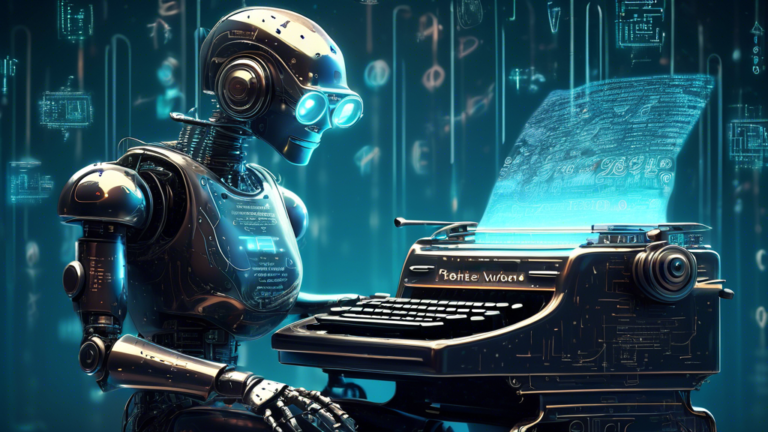 Artistic rendering of a futuristic robot typing on a vintage typewriter, surrounded by floating holograms displaying code, symbols of various programming languages, and the logo of Prettier with a list numbered 1 to 20.