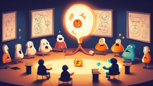 An illustrated group of friendly cartoon characters, each representing a different fact about tensors, gathering around a giant, glowing tensor symbol in a classroom setting.