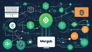 An illustrated digital guide showcasing the four core technologies of the MERN stack: MongoDB, Express.js, React, and Node.js, interconnecting in a harmonious digital ecosystem.