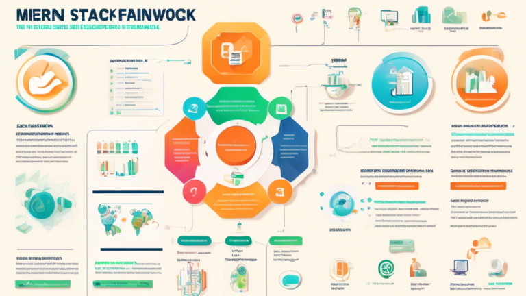 Create an image of a colorful and visually engaging infographic that highlights 20 key facts about the MERN stack development framework. The infographic should include icons or illustrations representing MongoDB, Express.js, React, and Node.js, as well as relevant statistics, features, and benefits of using the MERN stack for web development. Use a clean and modern design style to make the information easy to read and visually appealing.