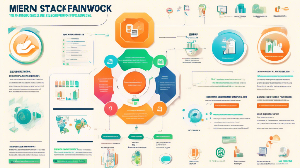 Create an image of a colorful and visually engaging infographic that highlights 20 key facts about the MERN stack development framework. The infographic should include icons or illustrations representing MongoDB, Express.js, React, and Node.js, as well as relevant statistics, features, and benefits of using the MERN stack for web development. Use a clean and modern design style to make the information easy to read and visually appealing.