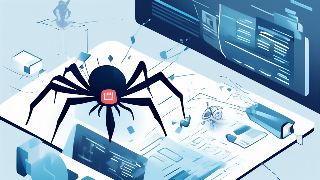 Create an image of a digital spider crawling a webpage with various facts about web scraping displayed around it, such as Data extraction tool, Automation process, Structured data collection, and Legal considerations. The image should visually represent the concept of web scraping and the informative nature of the article title 20 Facts About Web Scraping.