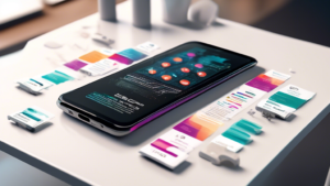 A futuristic smartphone with ultra-thin bezels laying on a table surrounded by infographics highlighting 20 innovative facts about bezels.