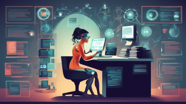 DALL-E prompt: Illustrate a cyborg librarian browsing through digital archives and analyzing data with futuristic gadgets, symbolizing the process of web scraping, with the background filled with infographic elements displaying '20 Facts About Web Scraping'.