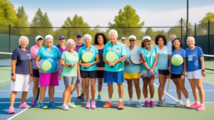 Create an image of a diverse group of people of all ages, genders, and ethnicities participating in a pickleball lesson together. Showcase the players engaged in friendly competition, practicing their serves, volleys, and smashes, and learning various techniques from an experienced instructor. Also, include visual elements like pickleball paddles, balls, net, and a lively atmosphere on the court.