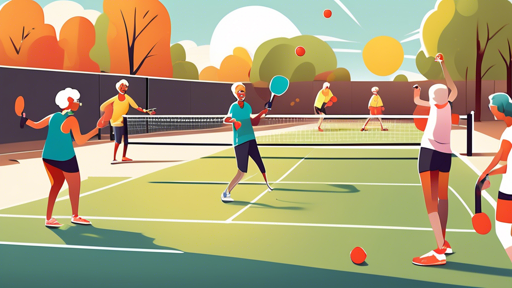 A lively group of diverse people of all ages happily learning to play Pickleball together on a sunny outdoor court, with a friendly, professional instructor leading the lesson, demonstrating a serve.