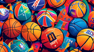 A vibrant, colorful illustration showing an array of NBA jerseys and basketballs with lottery balls and numbers floating around, highlighting the excitement and unpredictability of the NBA Draft Lottery.