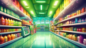 Create an image of a whimsical, futuristic grocery store aisle filled with colorful, animated food products labeled with various artificial preservatives. Each product should have a quirky and exaggerated design element that represents its preservative, such as a cartoonish jar of pickles with glowing green preservative X ingredient or a playful box of cookies with preservative Y bubbles emanating from it. The scene should be vibrant and eye-catching, showcasing a variety of artificial preservatives in a fun and imaginative way.