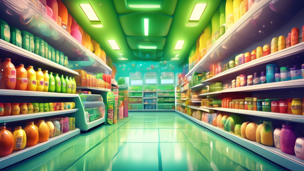 Create an image of a whimsical, futuristic grocery store aisle filled with colorful, animated food products labeled with various artificial preservatives. Each product should have a quirky and exaggerated design element that represents its preservative, such as a cartoonish jar of pickles with glowing green preservative X ingredient or a playful box of cookies with preservative Y bubbles emanating from it. The scene should be vibrant and eye-catching, showcasing a variety of artificial preservatives in a fun and imaginative way.