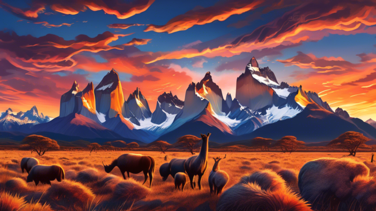 Dazzling sunset over the majestic mountains of Patagonia with curious wildlife observing in awe, embodying the essence of discovery and natural wonder.