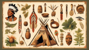 An illustrated compilation of 24 iconic symbols and artifacts representative of the Powhatan Tribe, each accompanied by a short, factual description, set against a backdrop of a lush, historical Virginian landscape.