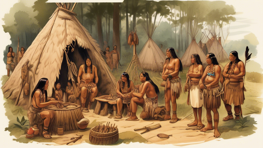 Create an image of a detailed and historically accurate representation of a Powhatan Tribe village, showcasing various aspects of their daily life, traditions, and culture. Include elements such as traditional housing, clothing, tools, food, and activities that highlight the rich history of the Powhatan Tribe.