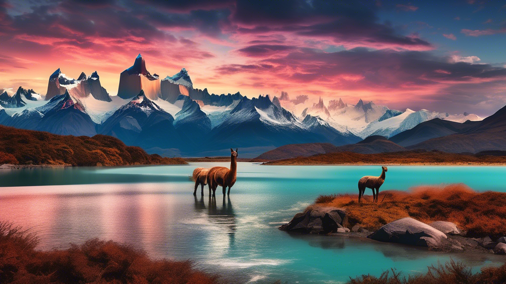 Create an image of a breathtaking landscape in Patagonia, featuring towering mountains, crystal clear lakes, and a colorful sunset. Include elements such as native wildlife, like guanacos or condors, and iconic landmarks like the Perito Moreno Glacier. Each aspect of the image should represent one of the amazing facts about Patagonia mentioned in the article.