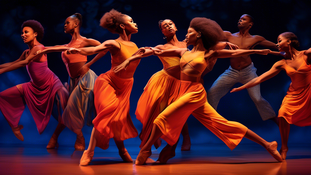 Create an image of a vibrant dance performance inspired by Alvin Ailey's iconic choreography, with a diverse group of dancers showcasing power, grace, and emotion on stage. Include elements like dynamic poses, expressive faces, and colorful lighting to convey the energy and artistry of Alvin Ailey's legacy.