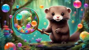 An adorable mink holding a magnifying glass, surrounded by 26 colorful and whimsical floating bubble facts in a mystical forest setting.