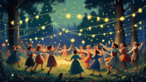 Enchanted forest lit by fireflies at twilight with joyful villagers wearing traditional Welsh costumes dancing around a Maypole to celebrate Calan Mai.