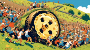 A dramatic close-up of an oversized wheel of cheese rolling down a steep, grassy hill with a crowd of enthusiastic participants chasing after it in the lush countryside of Gloucester, under a brilliant blue sky.