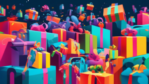 An array of colorful and enticing gifts floating in a digital cloud, symbolizing free stuff available online, with people from diverse backgrounds reaching out to grab their favorite items, all displayed against a futuristic, internet-inspired backdrop.