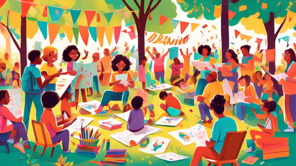 A vibrant and whimsical illustration showcasing a diverse group of people of all ages joyously drawing together in a sunlit park, with an array of papers, easels, and colorful art supplies spread out around them, and a banner in the background that reads 'Happy Drawing Day!'