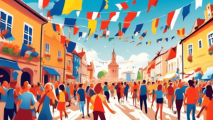 Vibrant celebration on the streets of a picturesque European town, with flags of all European Union countries waving under a bright sunny sky, and cheerful crowds of diverse people coming together, expressing unity and joy for Europe Day.