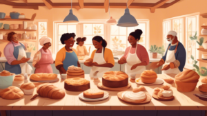 A whimsical, cozy kitchen scene filled with diverse people of all ages happily baking together, with a wide variety of breads, pastries, and cakes displayed on a large wooden table, celebrating World Baking Day.