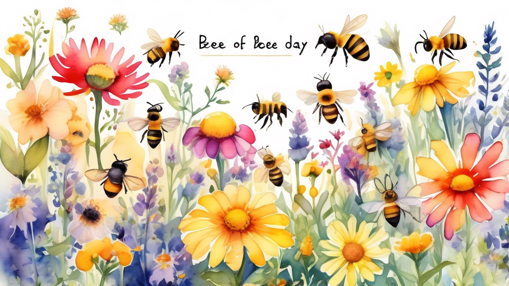 A vibrant watercolor illustration showcasing diverse species of bees pollinating a lush, colorful garden full of wildflowers, with a banner at the top celebrating World Bee Day.
