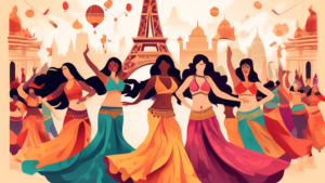 Create an image of diverse groups of people from around the world joyously participating in a global belly dance celebration, with the backdrop of iconic landmarks like the Eiffel Tower, the Pyramids, and the Great Wall of China, all festively decorated to mark World Bellydance Day.