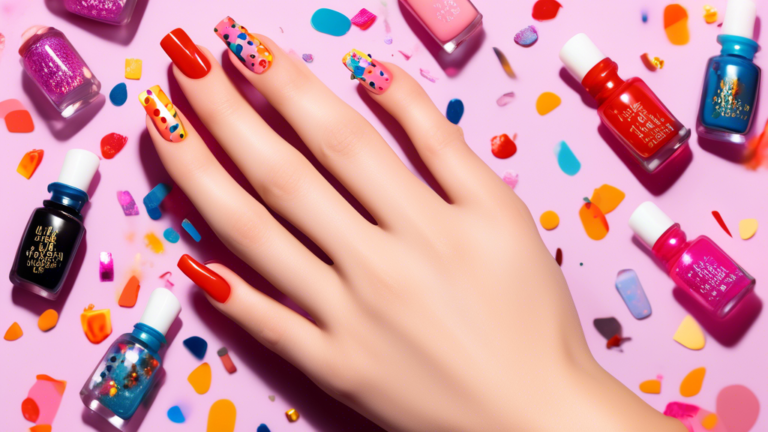 An array of colorful and creatively designed nails displayed on an elegant hand, with confetti and small nail polish bottles in the background, celebrating Nail Day.