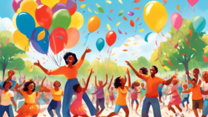 A vibrant painting of diverse people of all ages joyfully dancing the chicken dance in a sunny, open park, with a clear blue sky in the background, colorful balloons floating around, and a banner in the top right corner saying 'Happy National Dance Like a Chicken Day!'