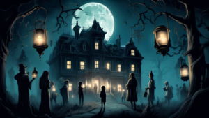 An eerie, moonlit scene with a group of curious people holding lanterns, exploring an ancient, haunted mansion surrounded by ghostly apparitions and mysterious, glowing orbs