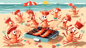 Whimsical cartoon illustration of shrimps having a beach party, with tiny party hats, dancing around a barbecue grill under a banner that reads 'Happy National Shrimp Day' on a sunny beach.