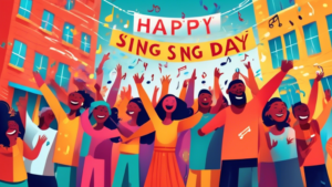 a vibrant, festive street scene with diverse groups of people singing joyfully together, colorful musical notes floating in the air, and a banner that reads 'Happy National Sing Out Day!'