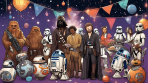 An illustration of various Star Wars characters having a festive gathering with decorations and banners that say 'May the 4th Be With You', in a galaxy-themed setting.