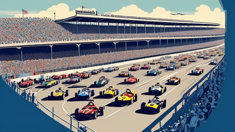 An action-packed and vibrant scene at the Indianapolis Motor Speedway with racing cars speeding on the track, surrounded by cheering fans in the stands, under a clear blue sky.