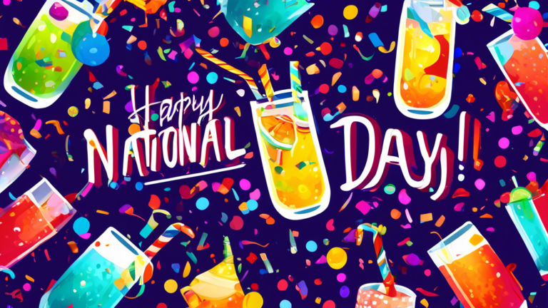 Create a vibrant and festive image showing a variety of colorful beverages in different glasses, surrounded by confetti and party decorations, with the text Happy National Beverage Day! at the top.
