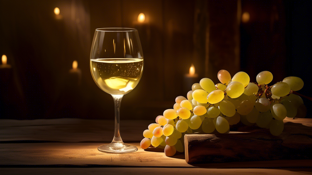 An elegant, photorealistic still-life image of a glass of Chardonnay wine on a rustic wooden table, surrounded by clusters of Chardonnay grapes and soft, glowing candlelight, celebrating Chardonnay Day.