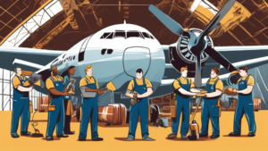 Illustration of a diverse team of aviation maintenance technicians working together on an airplane engine, with tools in hand and a backdrop of a hangar, celebrating Aviation Maintenance Technician Day with a banner in the foreground.