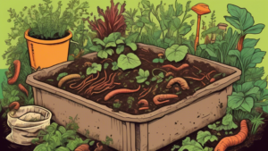 An illustrated guide on how to start composting at home, surrounded by lush green plants and happy earthworms, in a vibrant, educational comic style.