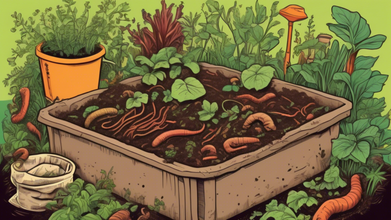 An illustrated guide on how to start composting at home, surrounded by lush green plants and happy earthworms, in a vibrant, educational comic style.