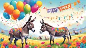 A colorful and vibrant celebration in honor of World Donkey Day with donkeys happily embracing each other in a flower-filled field under a bright and cheerful sky, with a large banner floating above reading 'Happy World Donkey Day'.