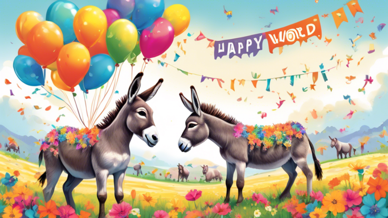 A colorful and vibrant celebration in honor of World Donkey Day with donkeys happily embracing each other in a flower-filled field under a bright and cheerful sky, with a large banner floating above reading 'Happy World Donkey Day'.
