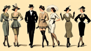 A vintage-inspired illustration of elegantly dressed people from different eras, celebrating National Nylon Stocking Day, showcasing various styles of nylon stockings throughout history.