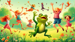 A vibrant illustration of a whimsical frog jumping competition in a lush, sunlit meadow with children and animals cheering on.