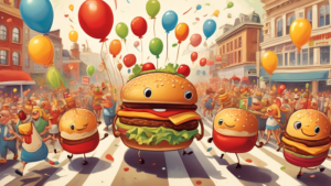 A whimsical illustration celebrating National Hamburger Day with anthropomorphic hamburger characters marching in a parade through a bustling town square, surrounded by onlookers waving banners and balloons in the shape of various condiments.