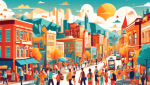 Colorful, bustling downtown streets of a picturesque city, filled with happy tourists taking pictures and exploring local attractions, under a bright sunny sky, celebrating National Tourism Day.