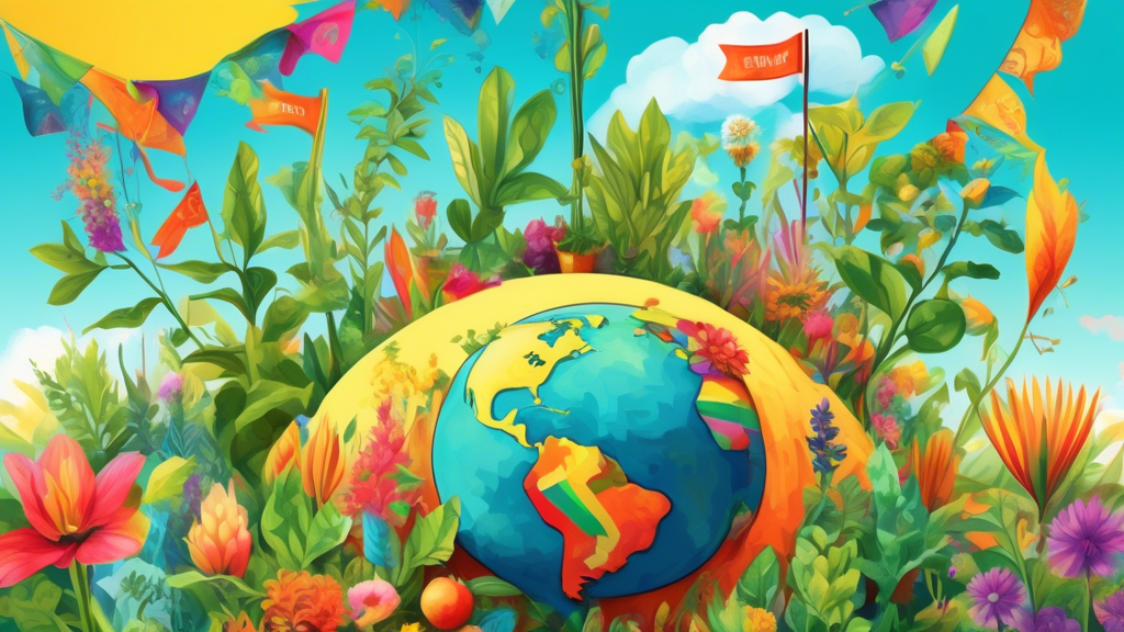 A vibrant, digital painting of diverse plants from around the world gathering around a globe, celebrating with colorful banners that read 'International Day of Plant Health' under a bright, sunny sky.