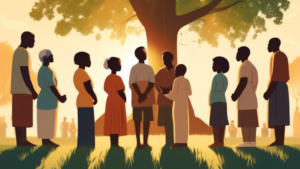 A group of diverse people holding hands and praying together under a large oak tree on a sunny day, with a soft light shining down on them, symbolizing peace and unity on National Day of Prayer.