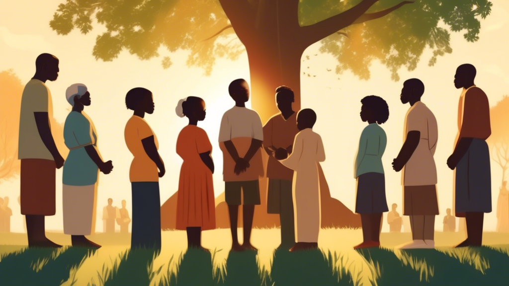 A group of diverse people holding hands and praying together under a large oak tree on a sunny day, with a soft light shining down on them, symbolizing peace and unity on National Day of Prayer.