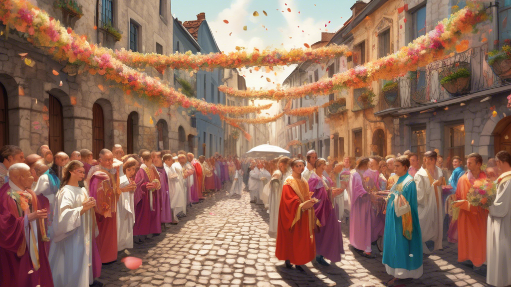 A panoramic view of a vibrant Corpus Christi procession winding through an ancient cobblestone street in a historic European city, with participants carrying ornate religious fixtures and the air filled with flower petals.