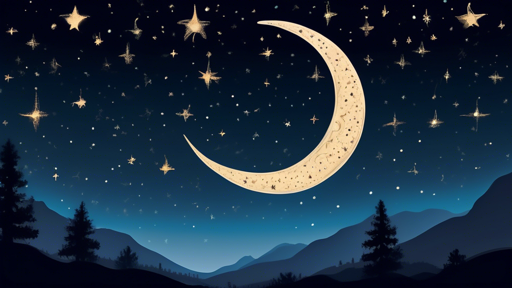 An enchanting waxing crescent moon hanging delicately in a starry night sky, illuminating a serene landscape with facts about the phase symbolically represented around it.